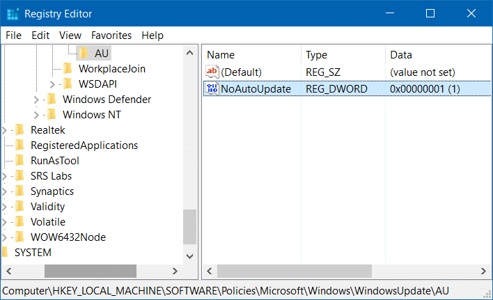 Registry key for windows update download